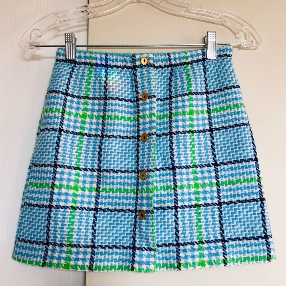 Vintage Russ Girl Houndstooth Gold Button Green Blue Knit Mini Skirt